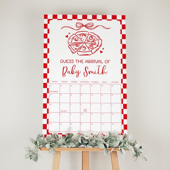 Pizza Baby Shower Guess the Due Date Game with Bow, Hand Drawn Pizza Due Date Calendar Prediction Game, 2840