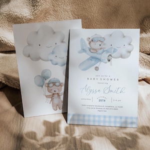 Airplane and Teddy Bear Baby Shower Invitation, Boy Airplane Baby Shower Printable Invite, 2747