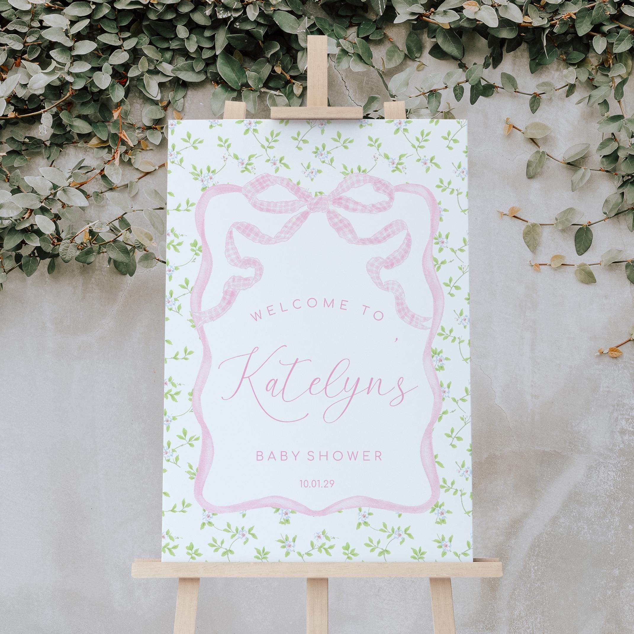 Pink Gingham Bow Baby Shower Welcome Sign, Gingham and Floral Ribbon Baby Shower Sign, 2809