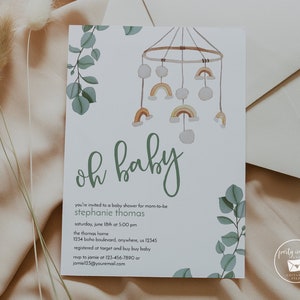 Modern Rainbow Baby Shower Invitation, Greenery Baby Shower Invite, Baby Mobile, Gender Neutral, Printable Invitation Template 2152