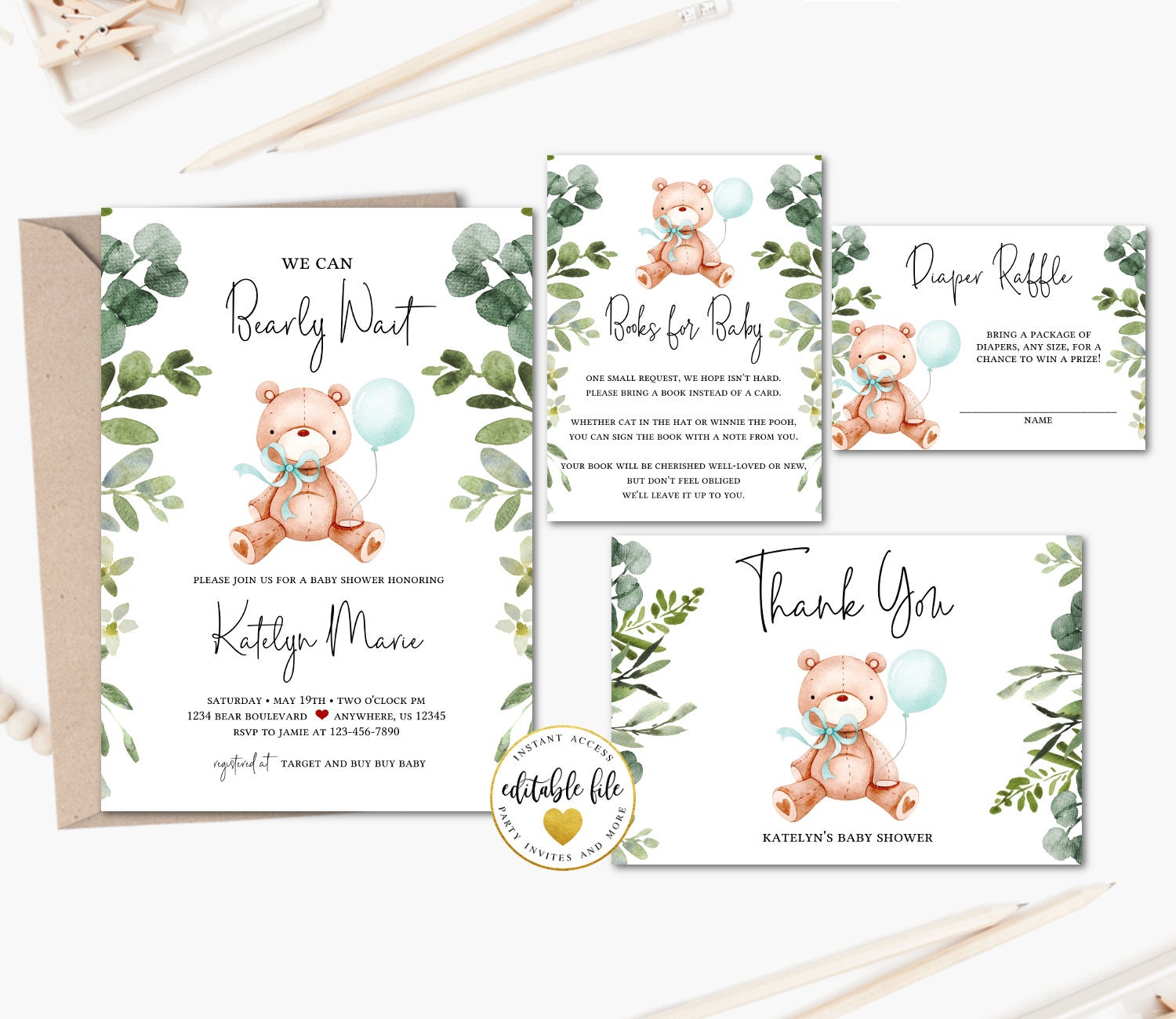 Editable Teddy Bear Baby Shower Invitation Bundle Boy Bear Etsy