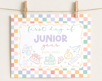 Checkered First Day of Junior Year, 11th Grade Pastel Back to School Sign, Printable 1st Day of School Poster