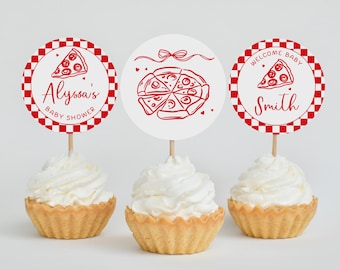 Pizza Baby Shower Cupcake Toppers, Hand-Drawn with Red Bow Design, 2840