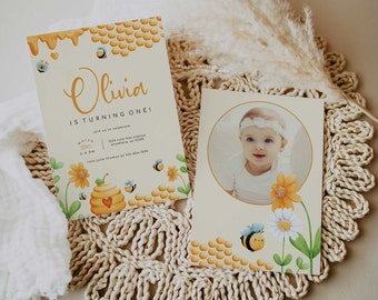 Bee Birthday Photo Invitation, First Birthday Party Invite with Bees, Editable Yellow Floral Birthday Invitation, 2732