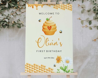 Bee First Birthday Party Welcome Sign, Baby Shower Welcome Sign with Bees, Editable Party Sign, 2732