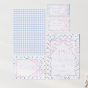 Lot de faire-part de baby shower avec noeud rose, faire-part de baby shower vichy et ruban floral, 2738