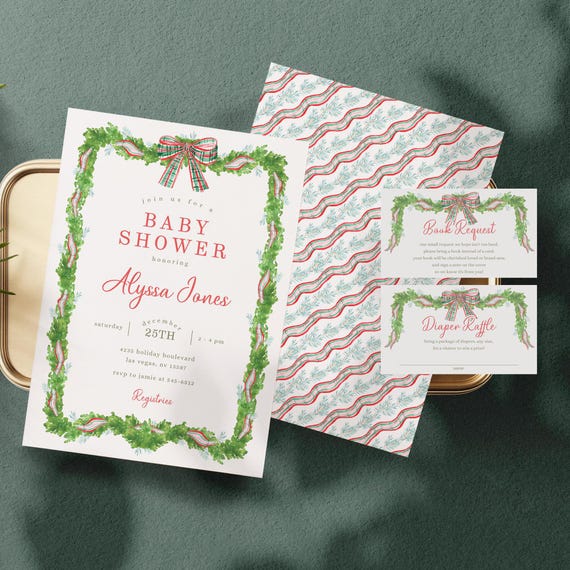 Plaid Bow Holiday Baby Shower Invitation Set, Gender Neutral Christmas Baby Shower Invite with a Bow, 2786