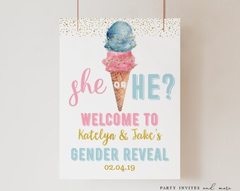 May include: A gender reveal party sign with a blue and pink ice cream cone. The sign says "she or he?" and "Welcome to Katelyn & Jake's Gender Reveal 02.04.19".