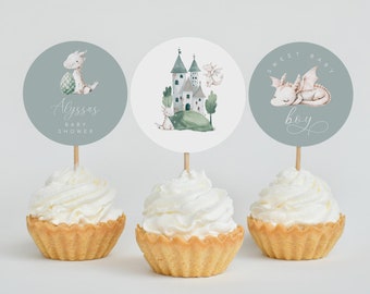 Dragon Baby Shower Cupcake Toppers, Editable Circles (Digital), 2744