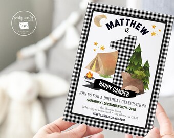 Editable Camping Birthday Invitation, one happy camper first birthday Invite, Lumberjack, Black and White Buffalo Plaid, 1st Birthday 2129