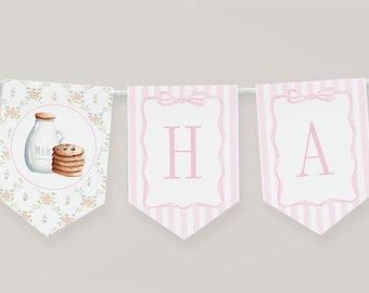 May include: A pink and white banner with the letters "HA" in pink on white backgrounds. The banner has a pink and white striped pattern. The letter "H" is on a banner with a milk jug and cookies on it. The milk jug is white with the word "MILK" on it.