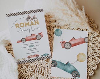 Race Car Birthday Invitation, Retro Car Invite, Editable First Birthday Boy's Race Car Invite, Printable Template 2545