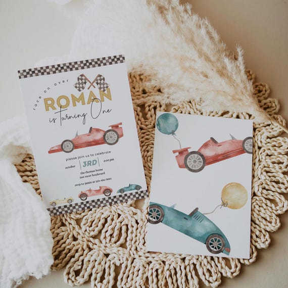 Race Car Birthday Invitation, Retro Car Invite, Editable First Birthday Boy's Race Car Invite, Printable Template 2545