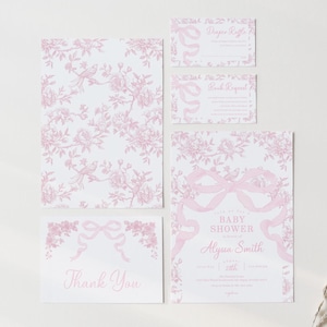 Rosa Babyparty-Einladung mit Bogen und Toile, Einsätzen und Dankeskarte, Rosa Blumen-Babyparty-Einladung mit einem Bogen, 2771