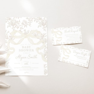 Conjunto de invitación para baby shower con lazo y toile de género neutro, invitación floral para baby shower con lazo, 2772