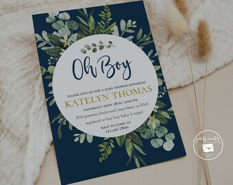 Navy and Greenery Baby Shower Invitation, Boy Baby Shower Invite, Gold and Greenery, Digital or Printed 122