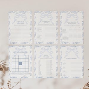 Light Blue Bow and Floral Baby Shower Game Bundle, Printable Toile Baby Shower Games, 2770