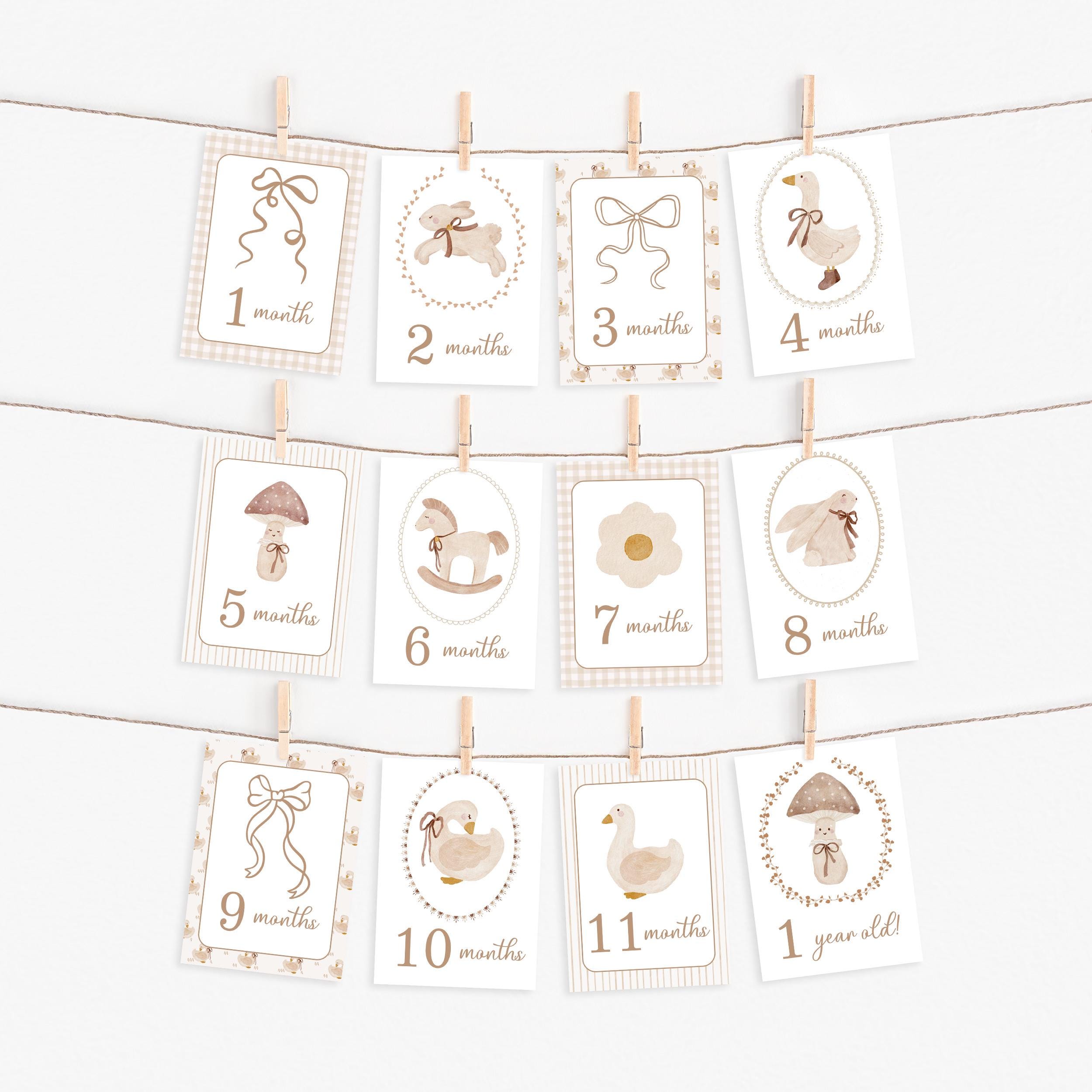 Printed Beige Baby Milestone Cards With Bows, Baby Monthly Milestone ...