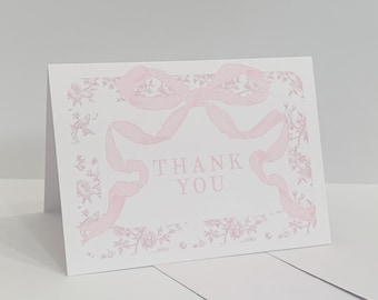 Pink Bow and Toile Thank You Cards, Printed Pink Bow Baby Shower Stationery, Set of 12 Notecards w/ Envelopes 2771
