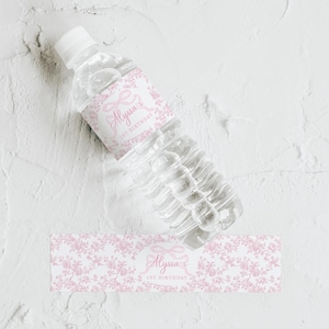 Pink Toile Baby Shower Water Bottle Labels with Bow (Digital Download), 2771