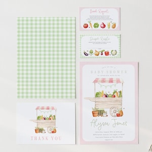 Boerenmarkt babyshower uitnodigingsset, bewerkbare groenten en fruit boerenmarkt uitnodiging met bedankkaart en inzetstukken, 2749