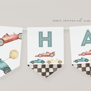 Race Car Birthday Banner, Race Car Birthday Party, Retro Car First Birthday Banner, 2545