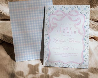 Pink Bow Baby Shower Invitation, Gingham and Floral Ribbon Baby Shower Invite, 2738