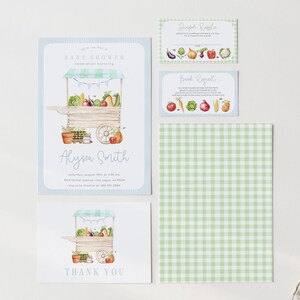 Ensemble d'invitations pour baby shower Farmers Market, faire-part de marché fermier fruits et légumes pour garçon modifiable avec carte de remerciement et encarts, 2750