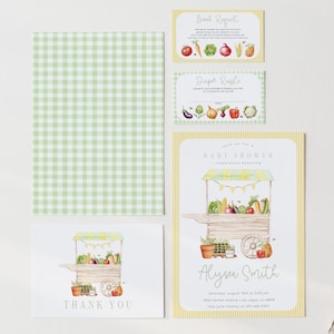 Boerenmarkt genderneutrale babyshower uitnodigingsset, bewerkbare groenten en fruit boerenmarkt uitnodiging met bedankkaart, 2752