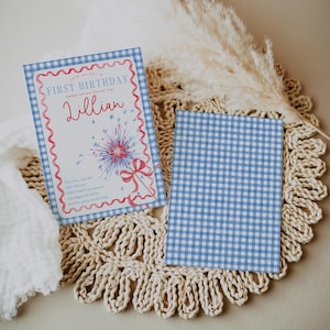 4th of July Birthday Invitation with Blue Gingham, Editable Patriotic Fourth of July First Birthday Invite, Red White and Blue, 2826