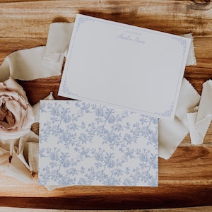 Personalized Blue Toile Stationery Set, Chinoiserie Floral Note Cards