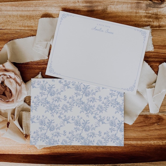 Personalized Blue Toile Stationery Set, Chinoiserie Floral Note Cards