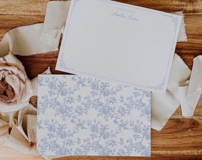 Personalized Blue Toile Stationery Set, Chinoiserie Floral Note Cards