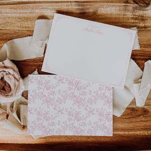 Personalized Pink Toile Note Card Set, Chinoiserie Floral Stationery