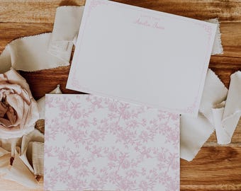 Personalized Pink Toile Note Card Set, Chinoiserie Floral Stationery