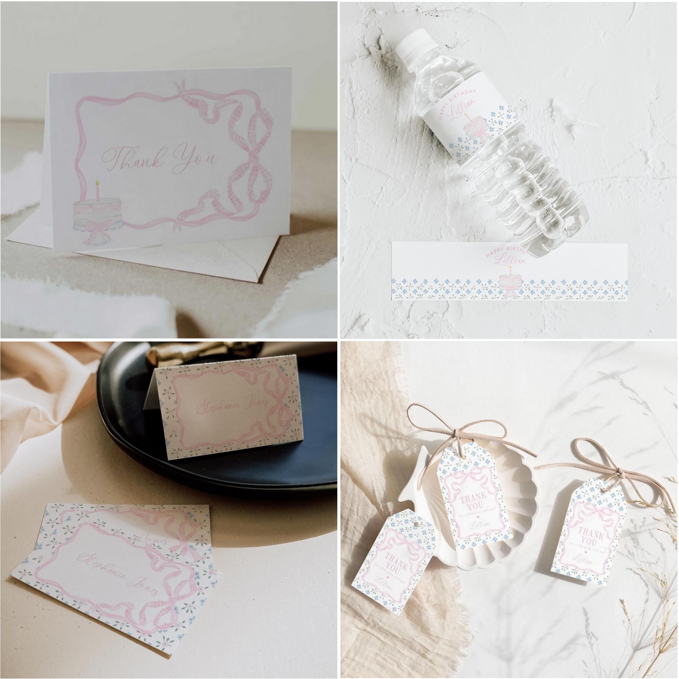 Pink Gingham 1st Birthday Invitation Bundle, Cake & Flowers Party Set ...