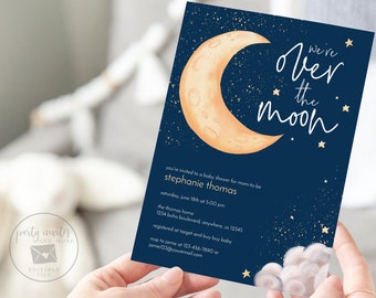 Editable Moon and Stars Baby Shower Invitation, Celestial Baby Shower Invite, Boy Baby Shower, Moon Baby Shower Printable Template 2155