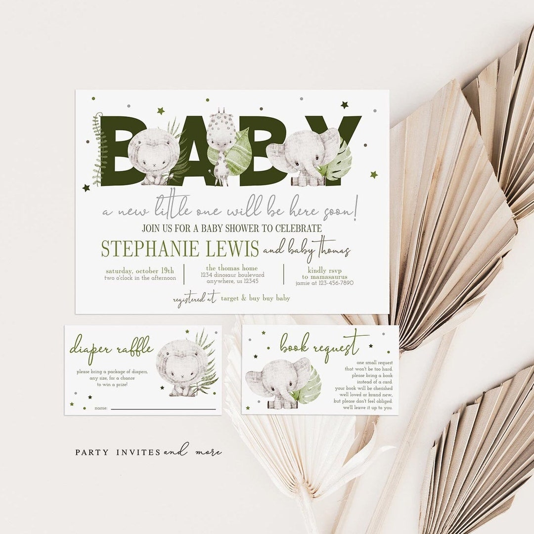 Editable Baby Safari Animals Baby Shower Invitation Set, Gender Neutral Jungle Baby Shower