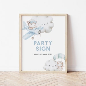 Airplane and Teddy Bear Birthday or Baby Shower Custom Sign, Editable Airplane Themed Party Table Sign, 2747