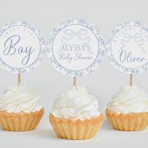 Blue Bow and Floral Baby Shower Cupcake Toppers, Editable Toile Baby Shower Circle Tags, 2770