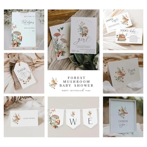 Mushroom and Strawberries Baby Shower Invitation Bundle, Forest Wildflowers and Mushrooms Party Set 2601