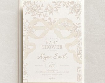 Printed Gender Neutral Bow and Toile Baby Shower Invitation, Beige Floral Baby Shower Invite with a Bow, 2772