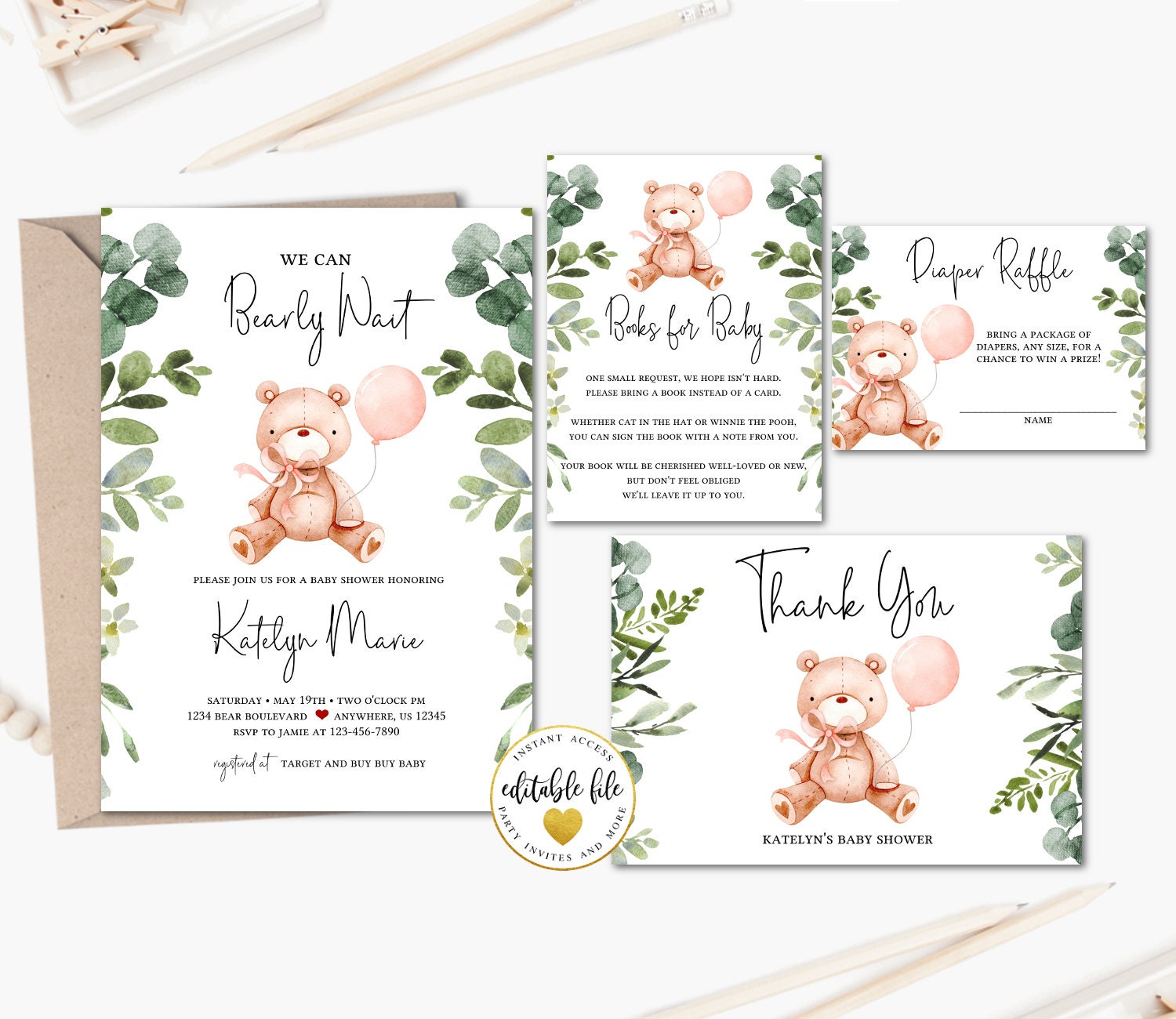 Editable Teddy Bear Baby Shower Invitation Bundle Girl Bear Etsy