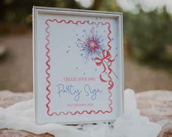 4th of July Birthday Custom Party Table Signs, Editable Patriotic Fourth of July First Birthday Signs, Red White and Blue, 2826