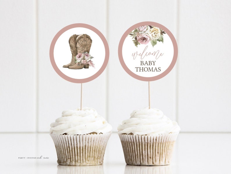 Cowgirl Baby Shower Printable Cupcake Toppers, Rustic Country Printable Circles, Editable Baby Shower Toppers, 2520 image 1