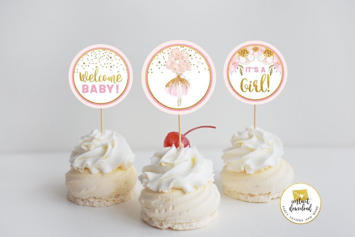 Baby Shower Cupcake Toppers 2 Circle Tags Ballerina Circles Instant Download 1087 Ballerina Cupcake Toppers Pink and Gold Tutu