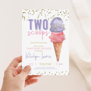 Tweeling ijs babyshower uitnodiging, ijs douche uitnodiging voor babymeisjes, twee scheppen, afdrukbare digitale sjabloon 2523