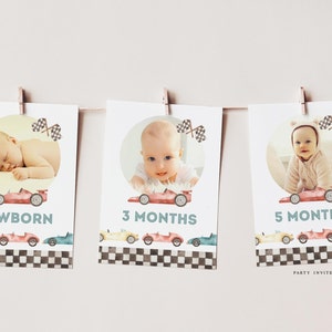 Race Car First Birthday Monthly Photo Banner, Retro Car 1st Birthday Banner, Printable Template 2545
