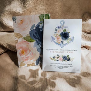 Nautical Bridal Shower Invitation, Editable Navy and Pink Floral Anchor Bridal Shower Invite, 101