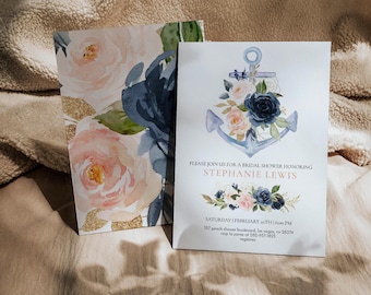 Nautical Bridal Shower Invitation: Navy, Pink Floral Anchor (Editable)